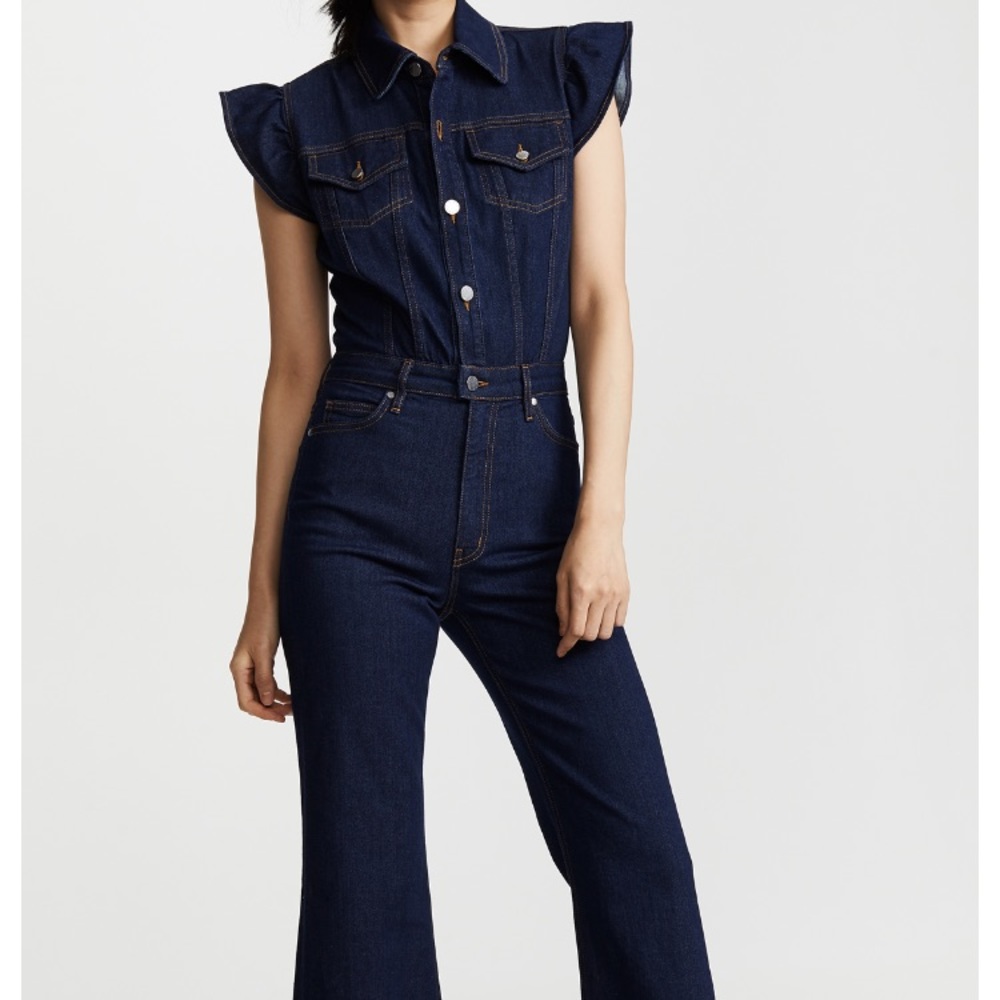 Ruffled Sleeve Denim Jumpsuit - Dark Indigo